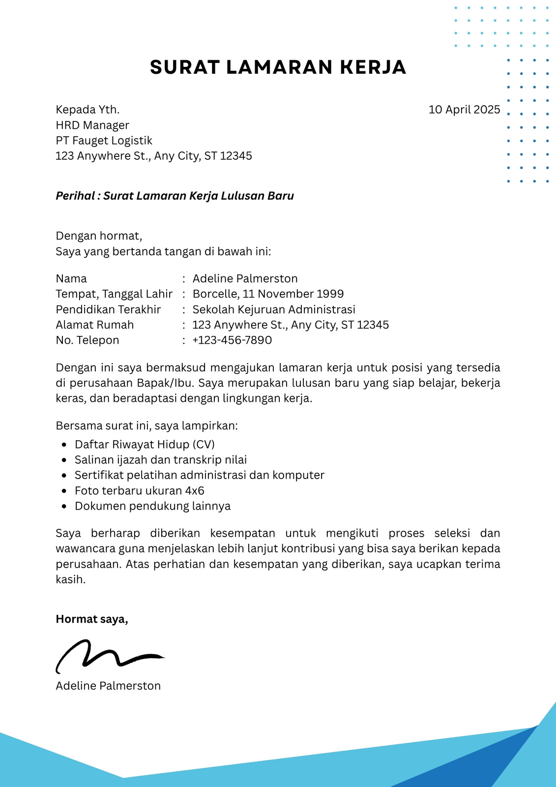 Biru Putih Modern Surat Lamaran Kerja Fresh Graduate Surat Lamaran Kerja A4