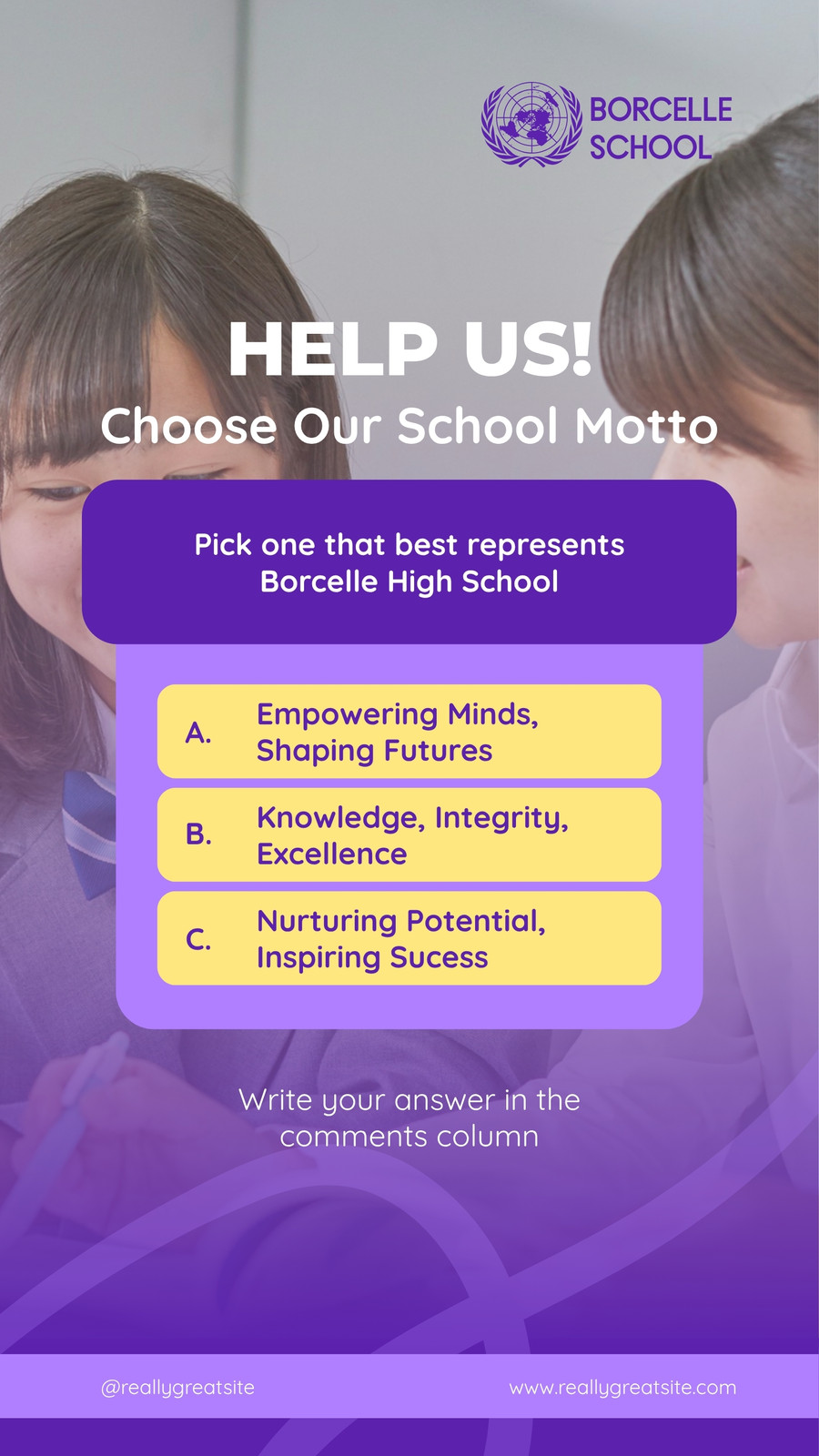 Purple Gradient Minimalist Help Us Choose Our School Motto Instagram Story