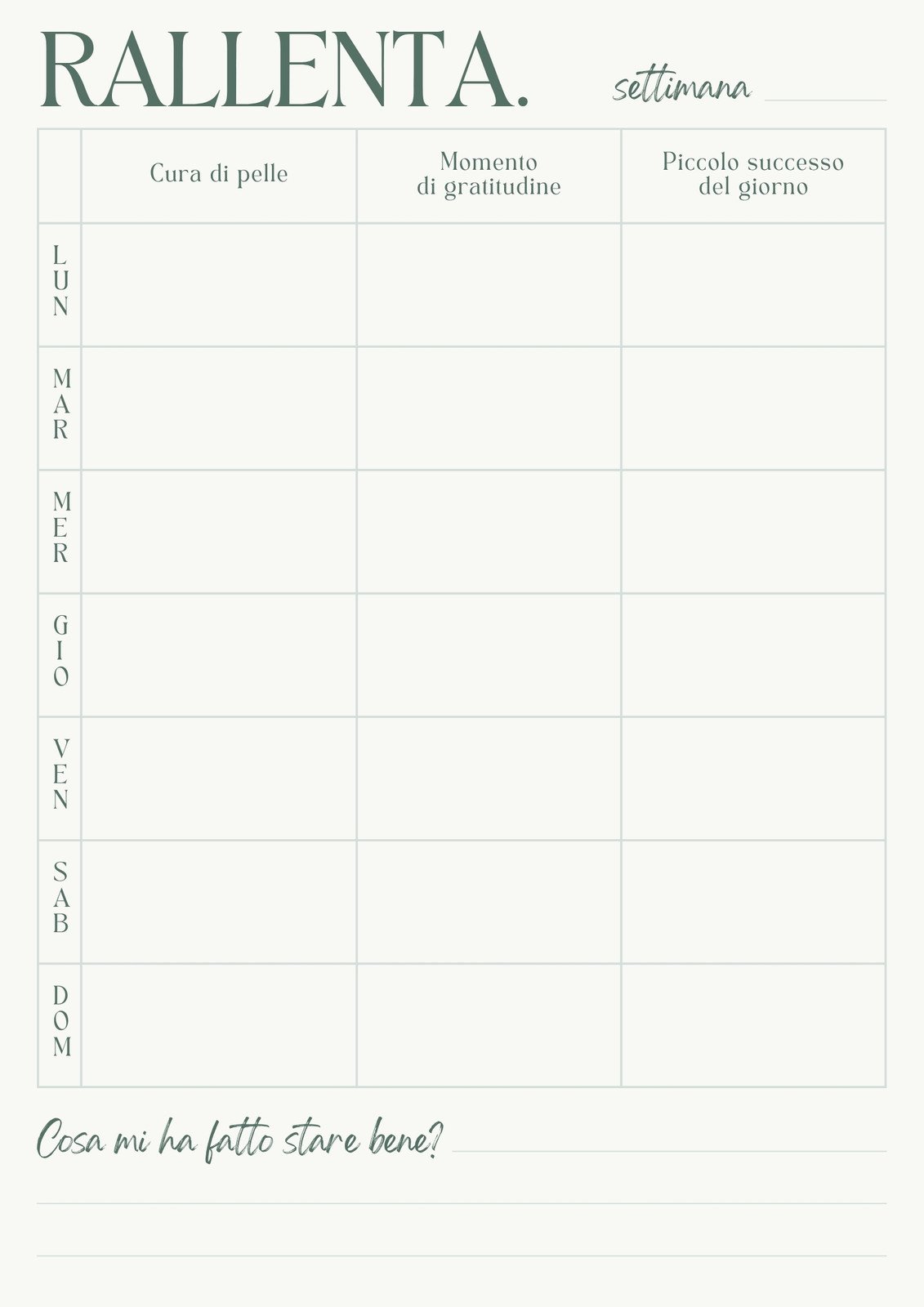 Verde Chiaro Minimalista Benessere Mentale Settimanale Planner A4