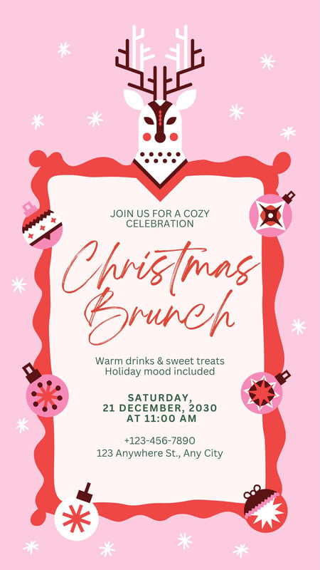 Playful Cute Christmas Brunch Invitation Instagram Story Canva template, pink and red