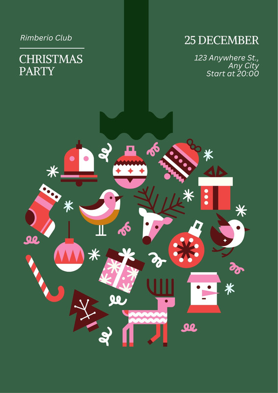 Festive Minimalist Geometric Christmas Party Poster Canva template, green and red