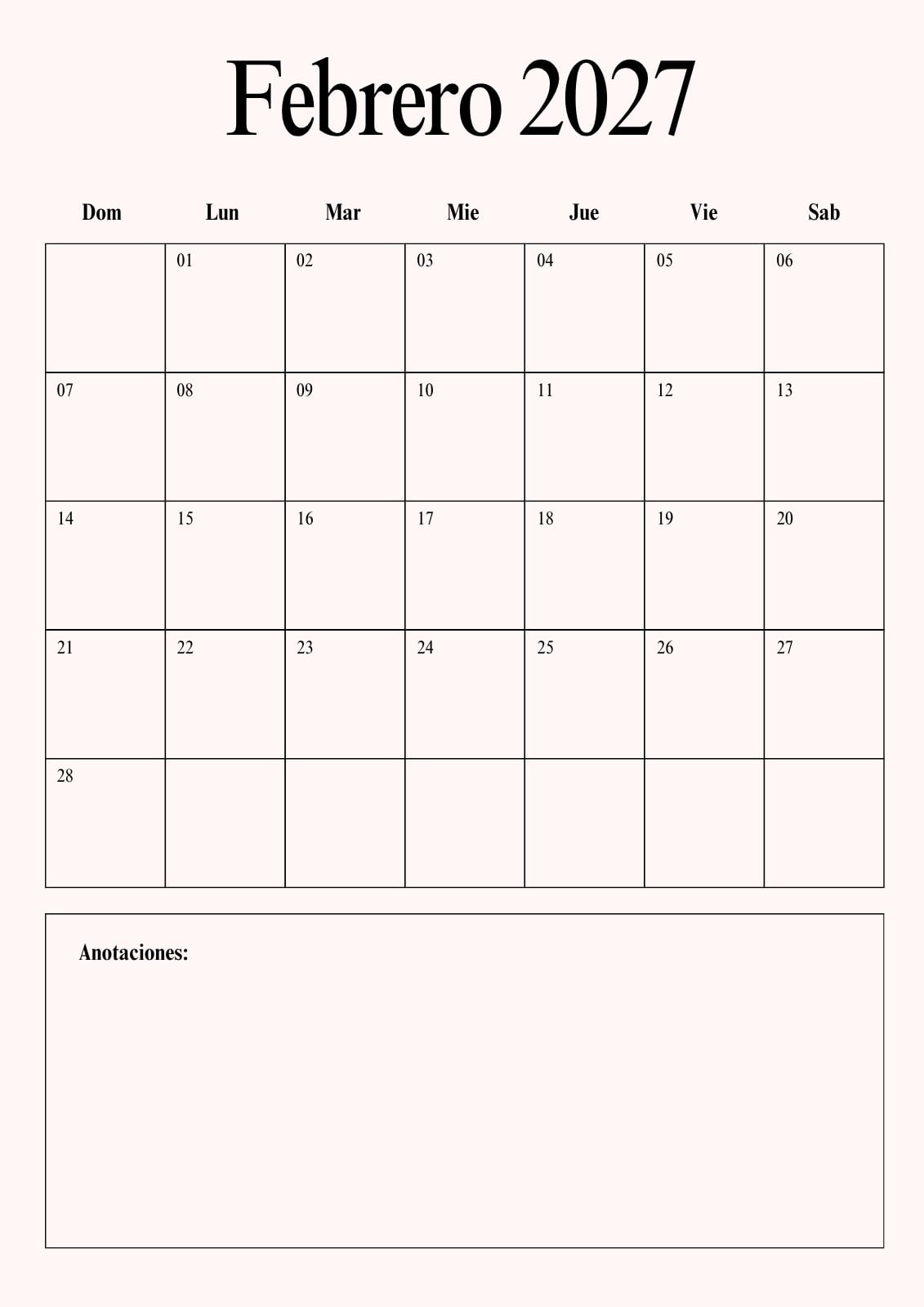 Documento A4 Calendario Agenda Mensual Febrero 2027 Minimalista 2025