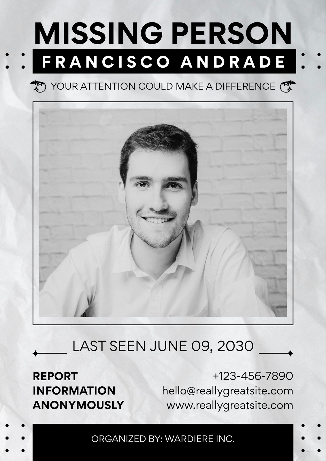 Black And White Minimalist Alert Missing People Poster