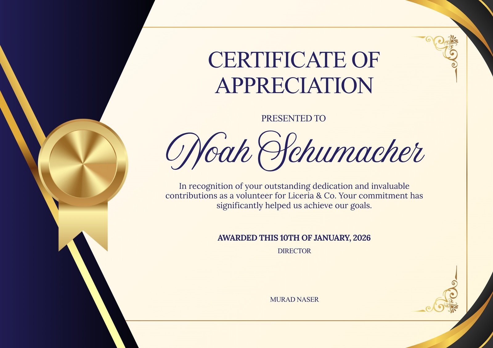 Gold and Navy Modern Corporate Appreciation Certificate