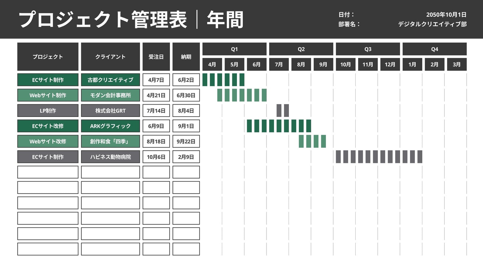 白 黒 シンプル 年間 プロジェクト 管理表 ホワイトボード