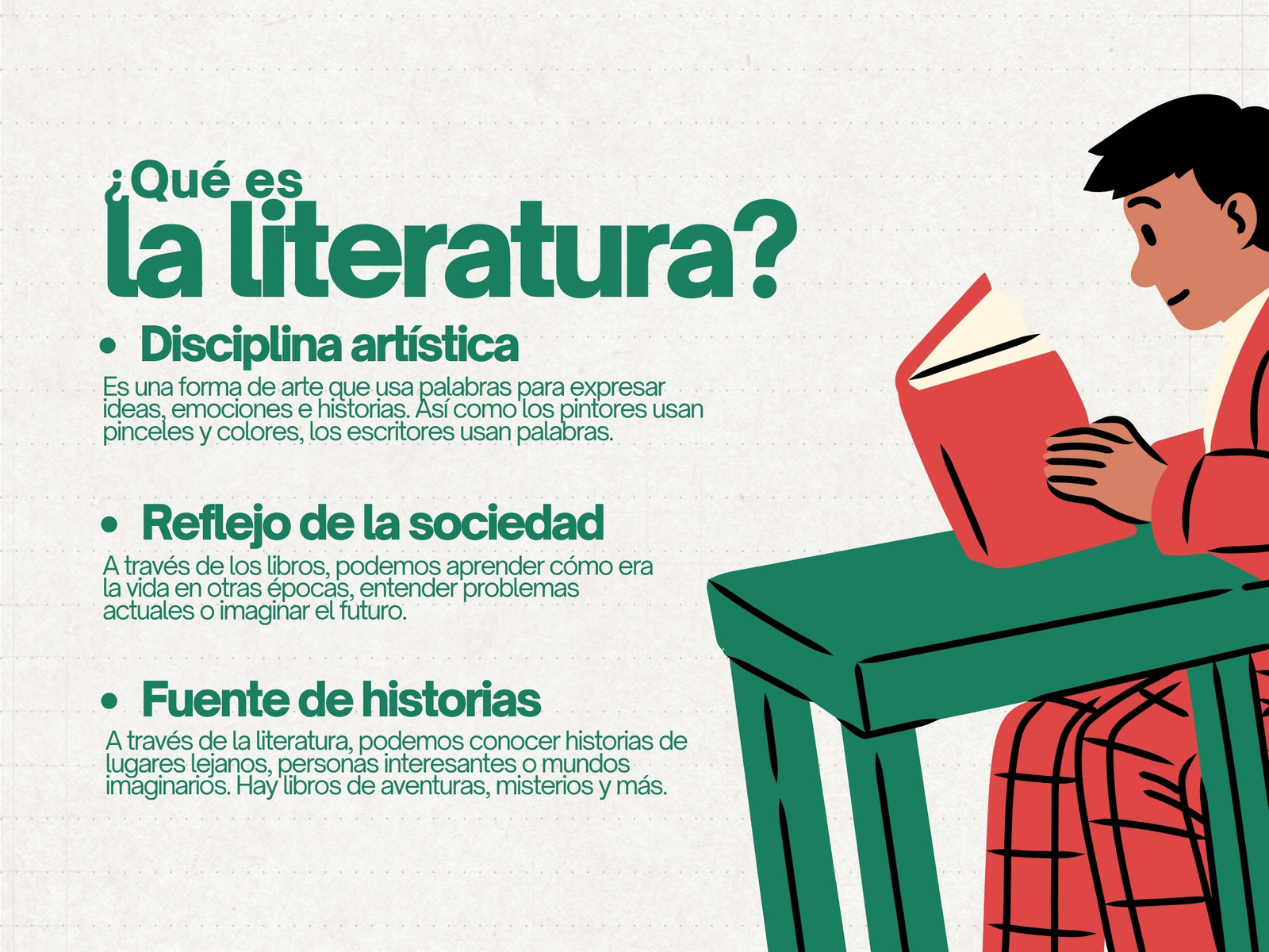 Gráfica de qué es la literatura ilustrativo verde y rojo