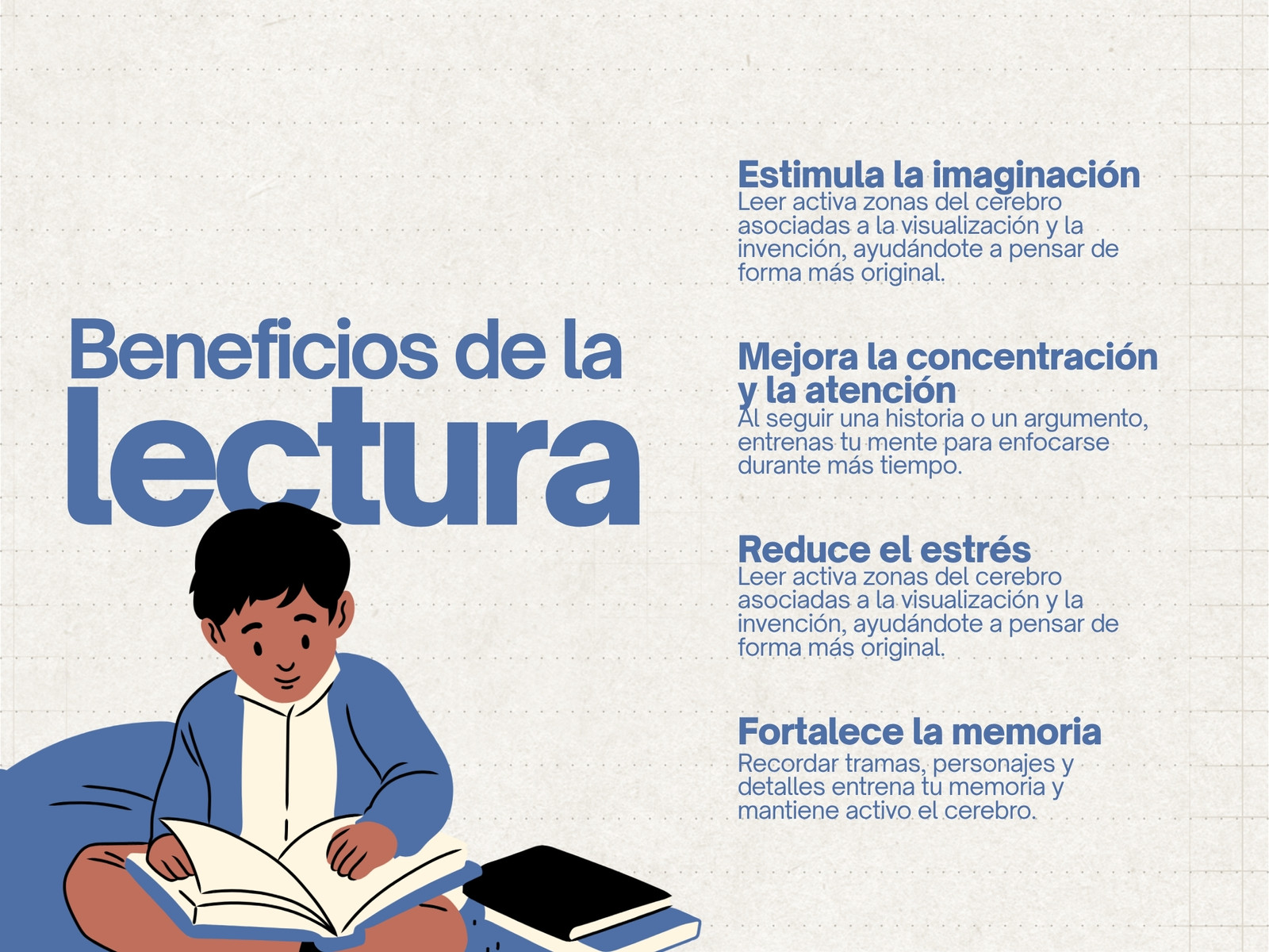 Gráfica de beneficios de la lectura ilustrativo azul y gris