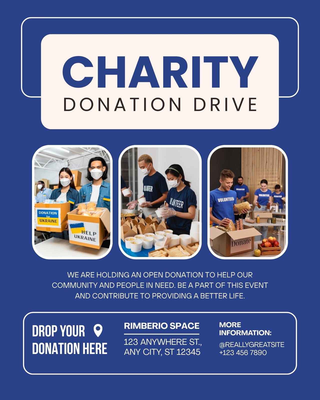 Blue and White Modern Charity Donation Drive Instagram Post