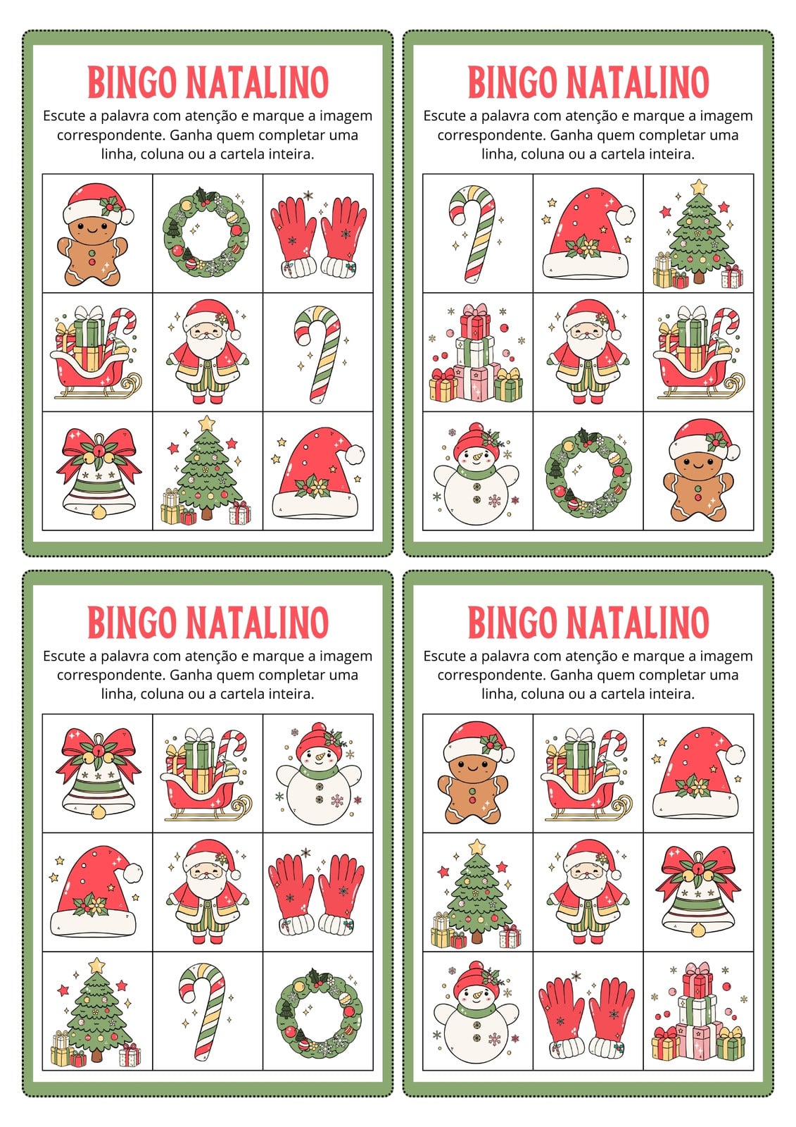 Folha de atividades de bingo - Natal - Lúdica, ilustrada, vermelha e verde