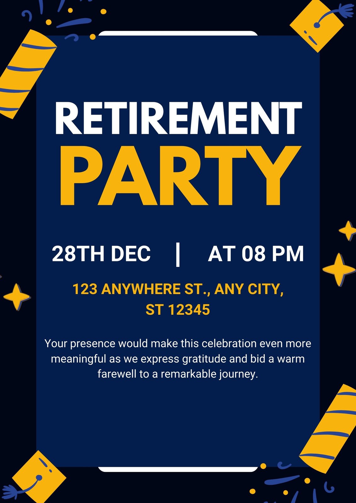 Blue and Yellow Typographic Retirement Party Flyer