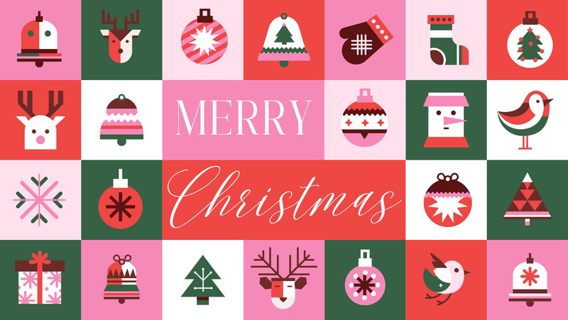 Geometric Merry Christmas Greeting Facebook Cover Canva template, pink, green and red