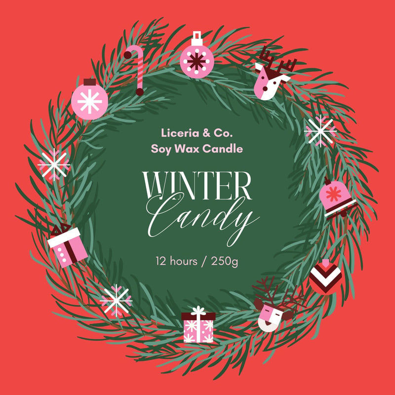 Playful Holiday Winter Candle Label Canva template, red and green