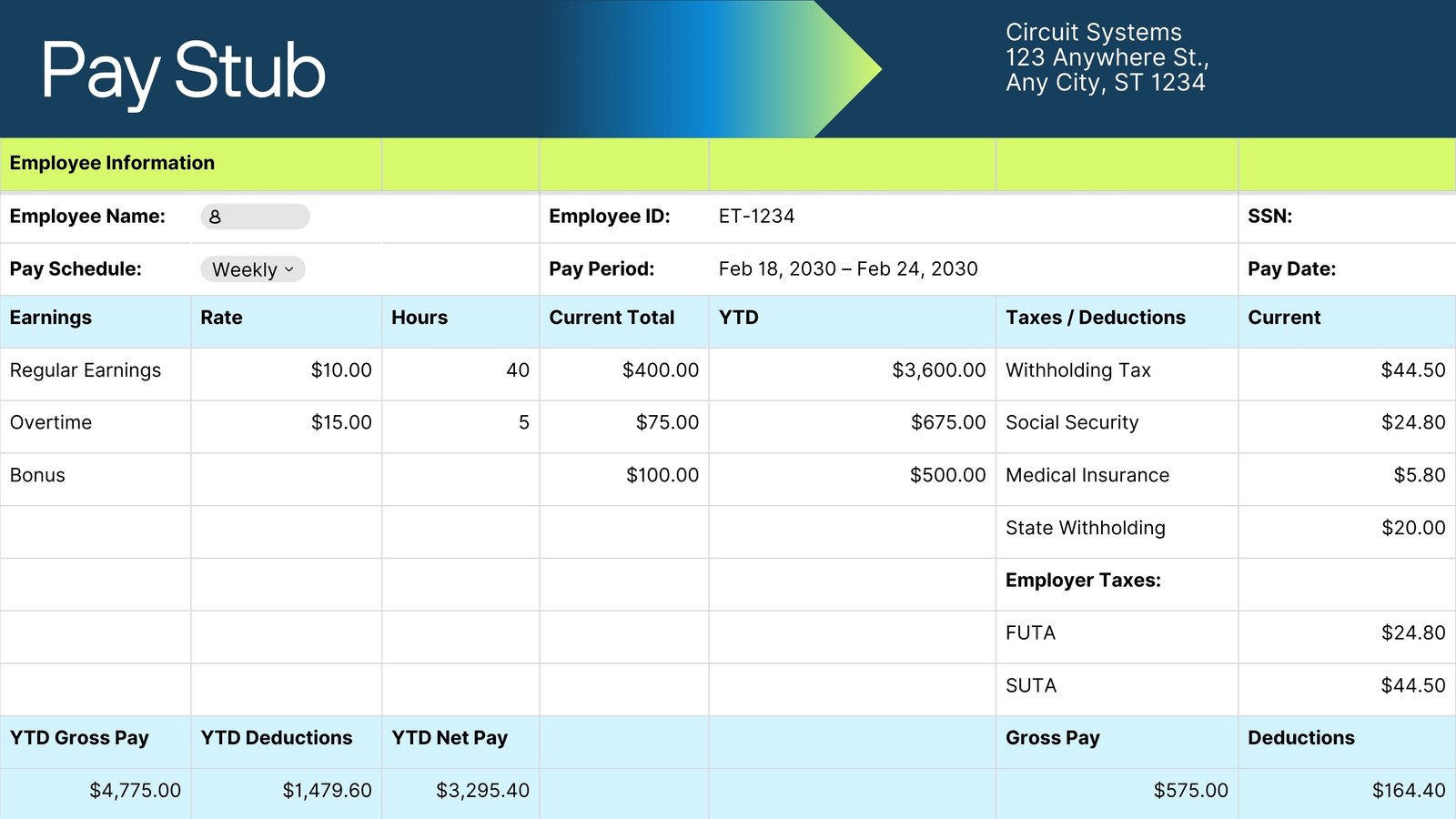 Pay stub Sheet in Navy Neon Green Light Blue Geometric Gradient Style