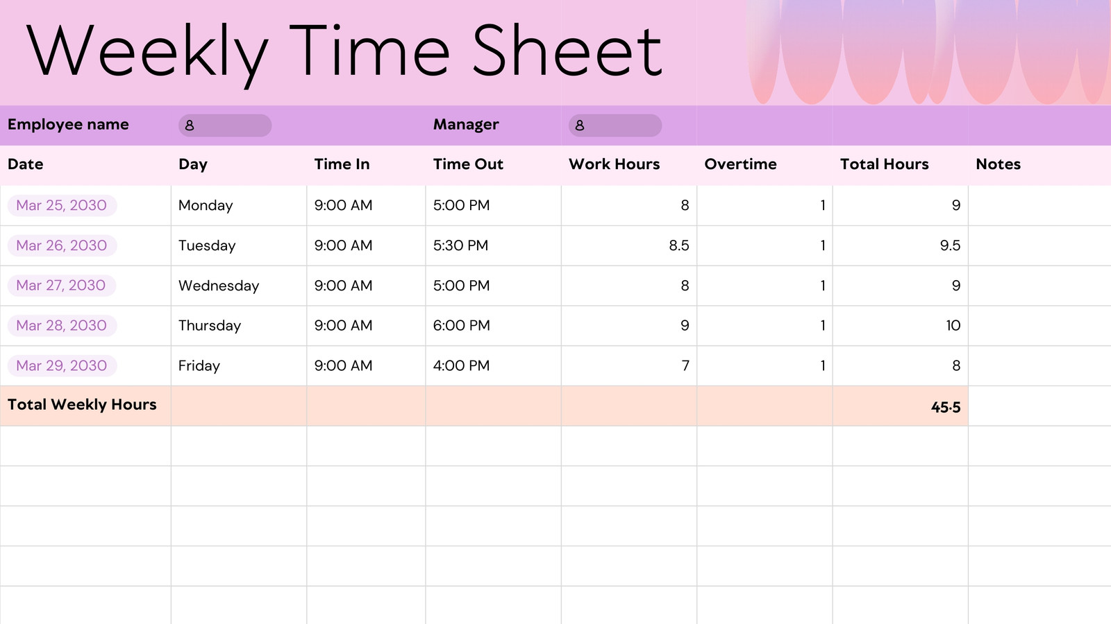 Timesheet Sheet in Pink Dark Pink Geometric Gradient Style