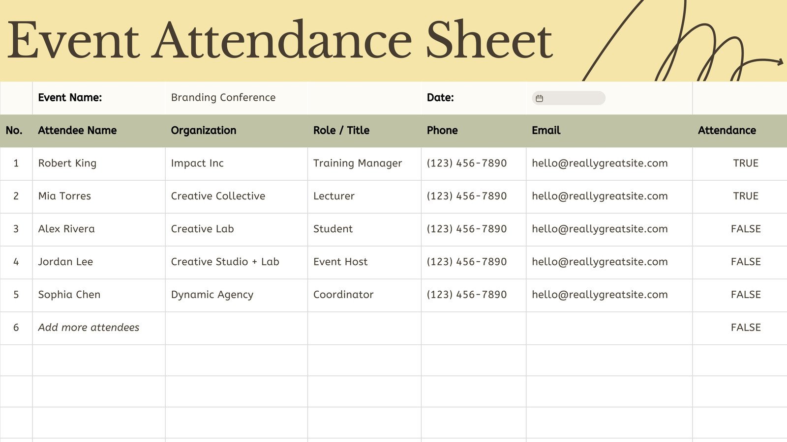 Attendance Sheet in Yellow Green Modern Editorial Minimalist Style