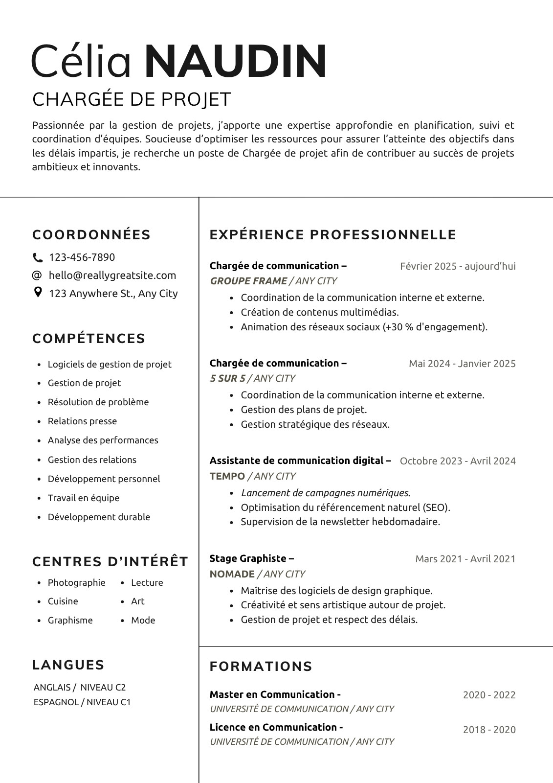 CV Professionnel Français Minimaliste Blanc