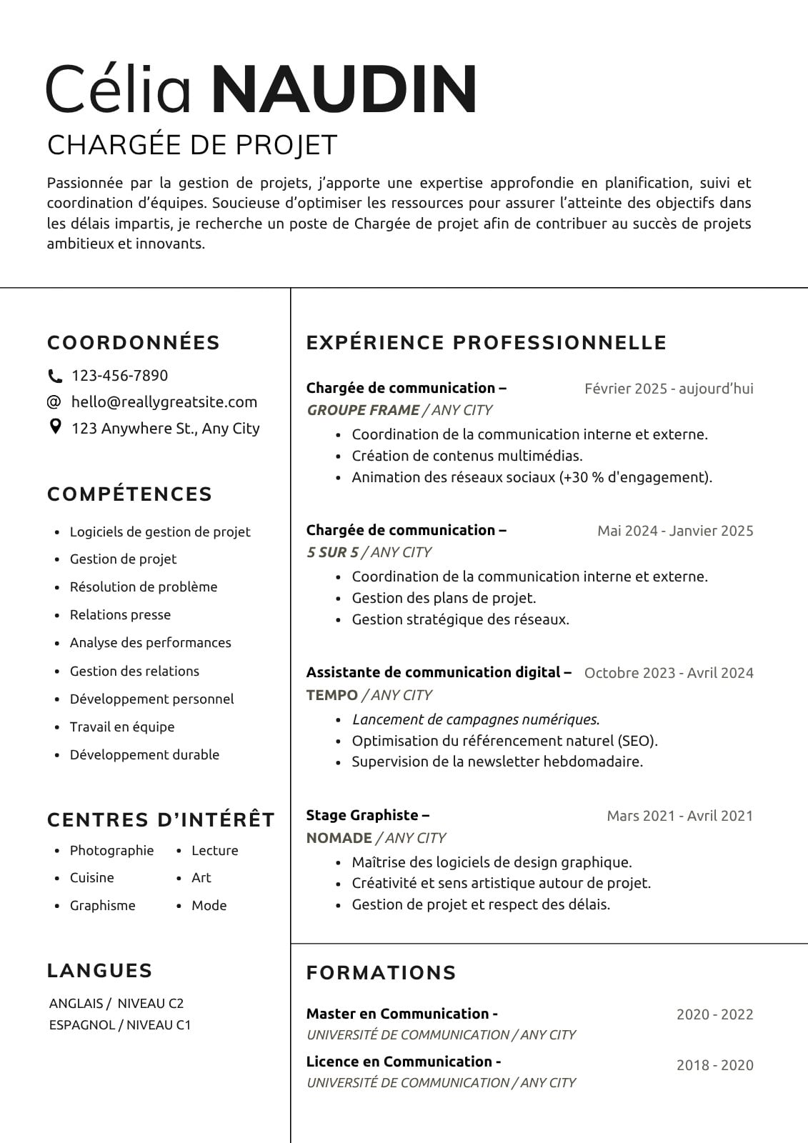 CV Professionnel Français Minimaliste Blanc