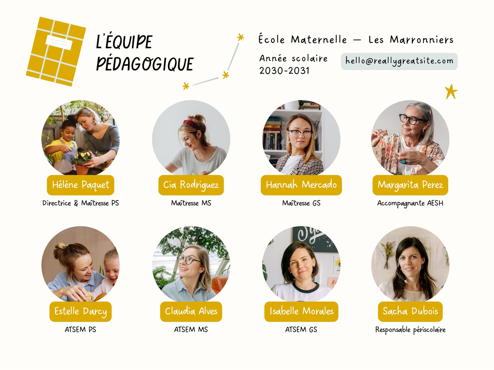 Équipe Pédagogique Maternelle Trombinoscope Graphique Coloré Illustré