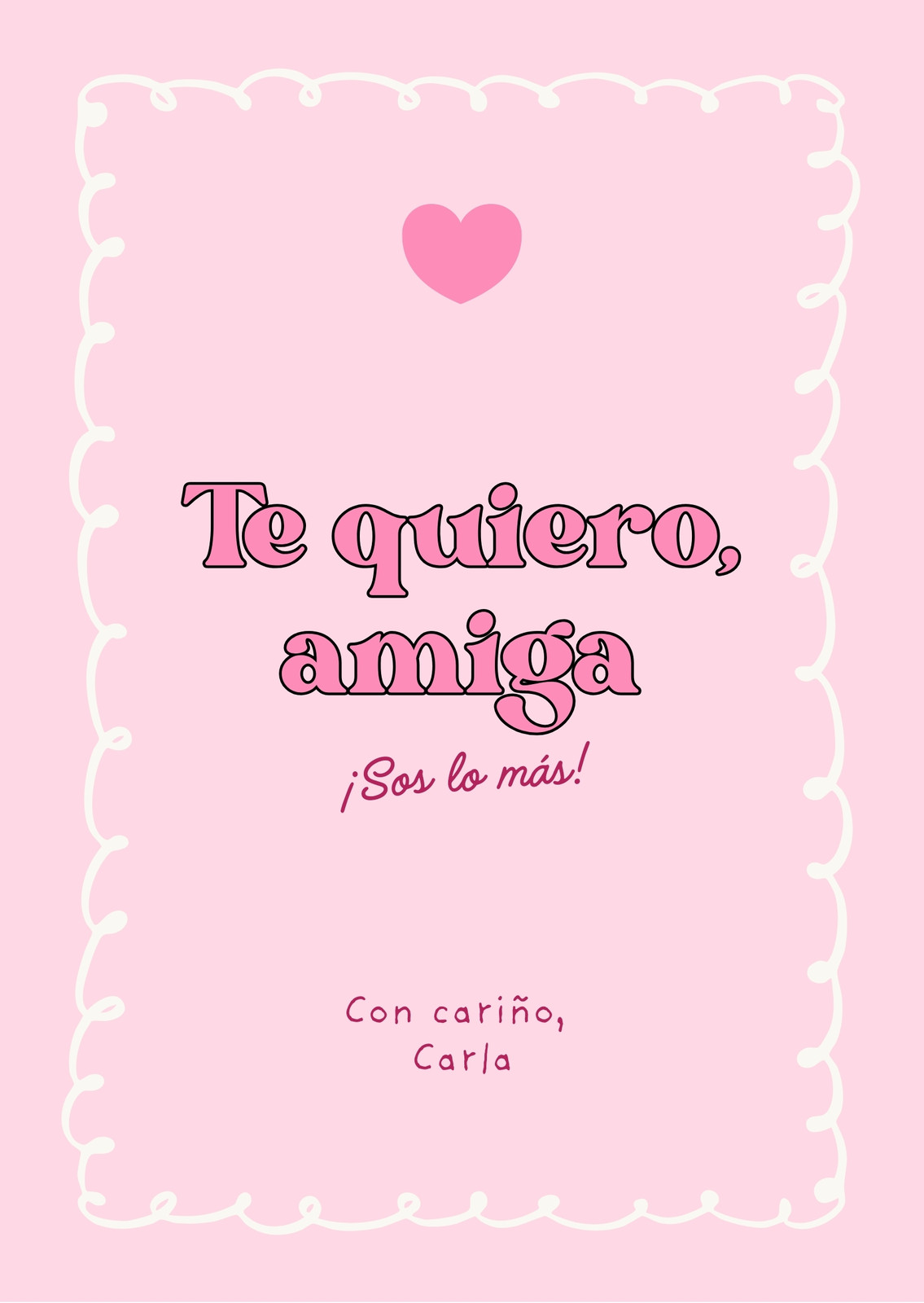 Tarjeta Vertical Saludo Te Quiero Amiga Moderno Rosa Blanco