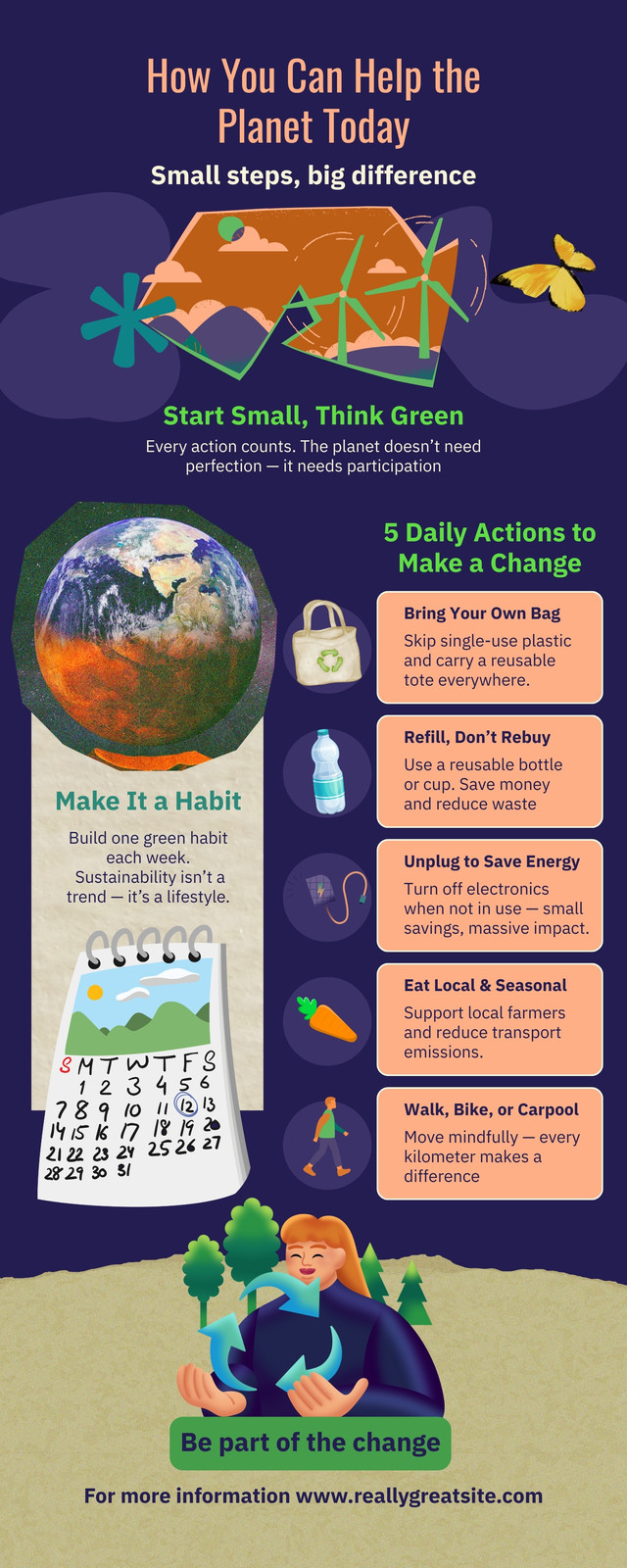 Blue Brown and Green Playful Illustrated How You Can Help the Planet Infographic