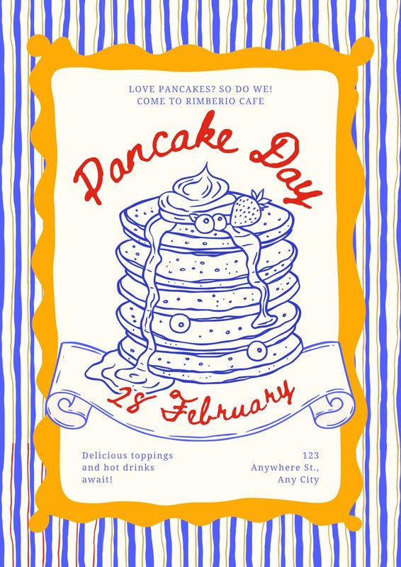 Illustrated Pancake Day Cafe Invitation Food Flyer Canva template, yellow and blue