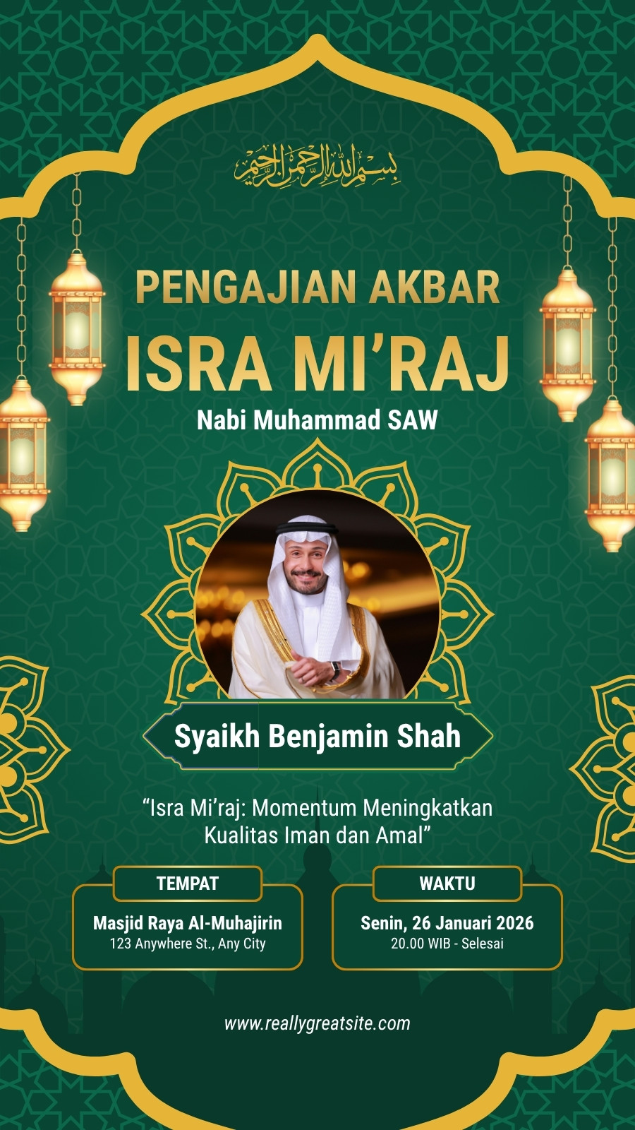 Hijau dan Emas Elegan Islami Pengajian Isra Mi'raj Kisah Anda