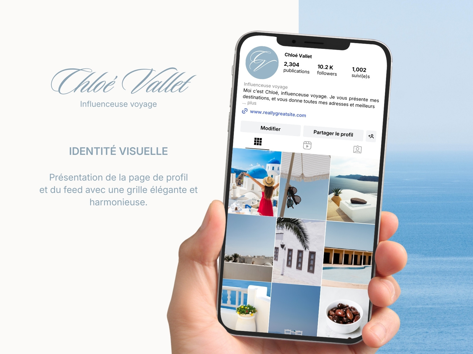 Graphique Feed Instagram influenceuse voyage Moderne Blanc bleu