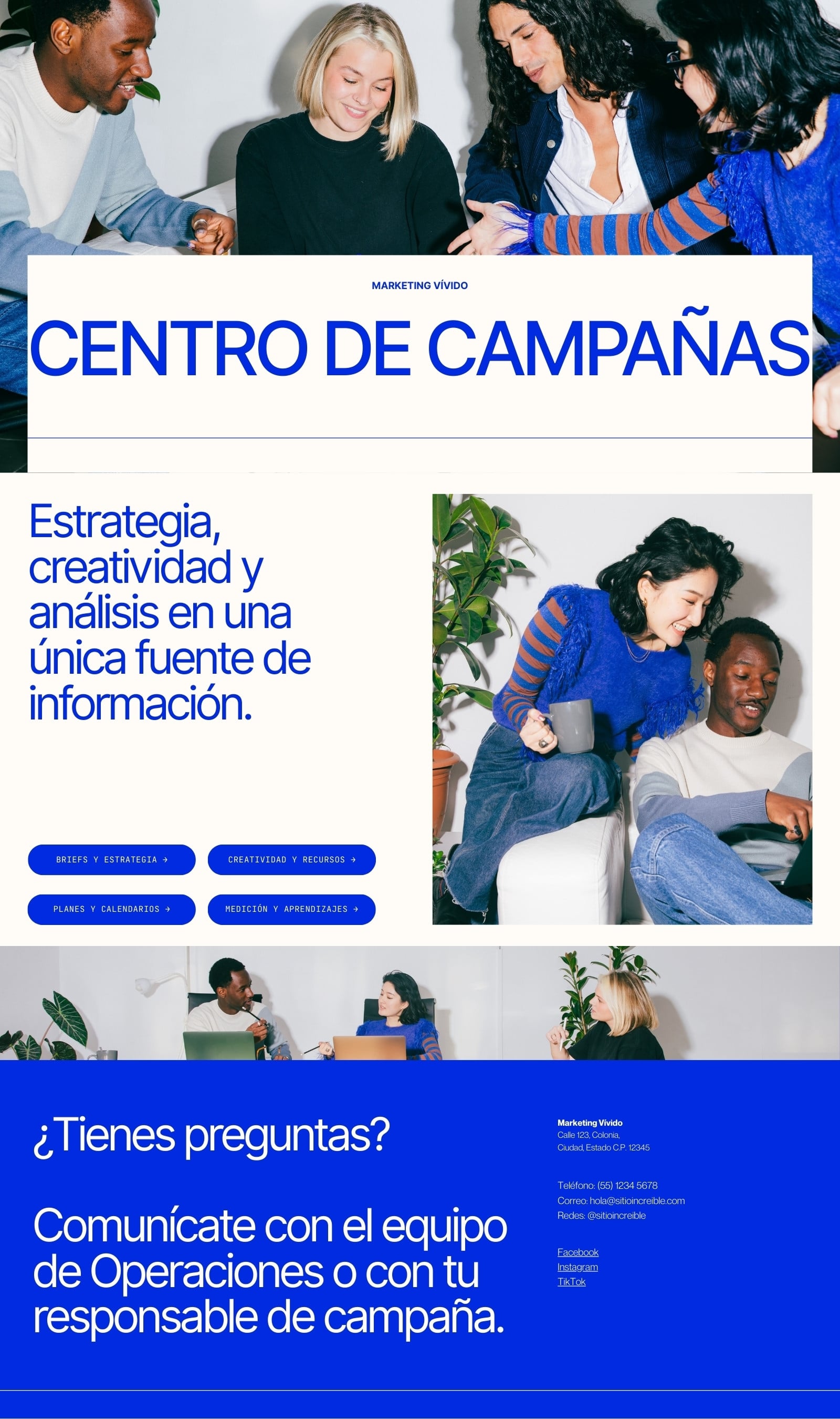 Sitio web de centro de campañas estilo negrita y llamativo en azul blanco