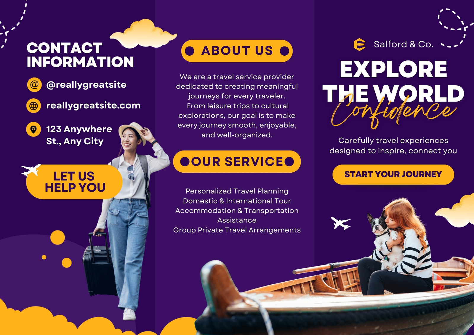 Purple and Yellow Modern Travel Agency Trifold Brochure