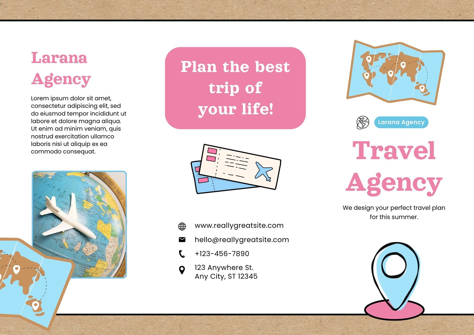 Pink and Blue Illustrated Travel Agency Trifold Brochure