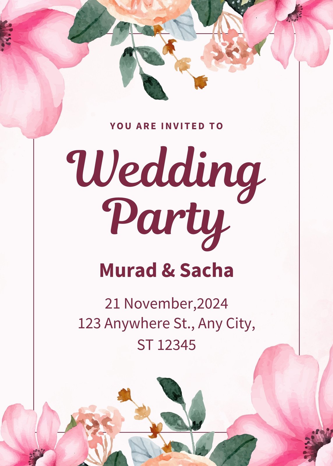 Pink Watercolor Wedding Party Flyer