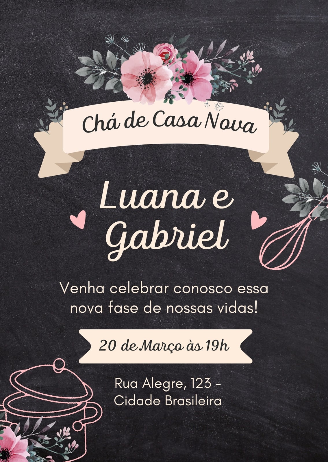 Chá de casa nova moderno floral preto bege convite