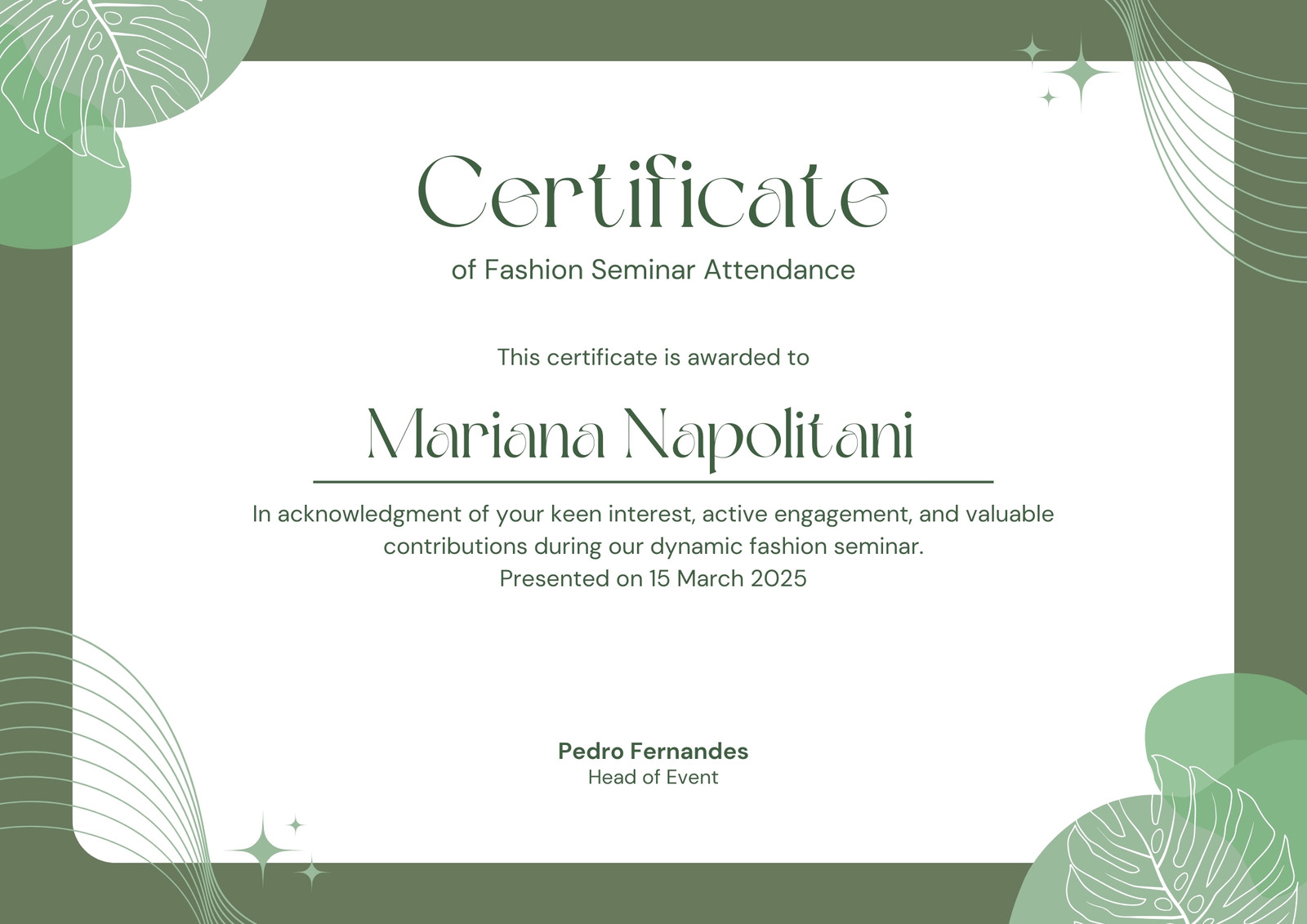 Green Organic Aesthetic Seminar Certificate