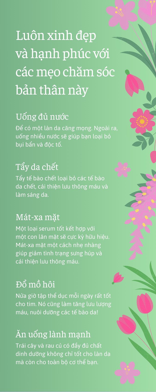 Xanh lá nhạt Hồng nhạt Hồng đậm Làm dịu Hoa Màu chuyển tiếp Chăm sóc bản thân Mẹo Chăm sóc bản thân Infographic