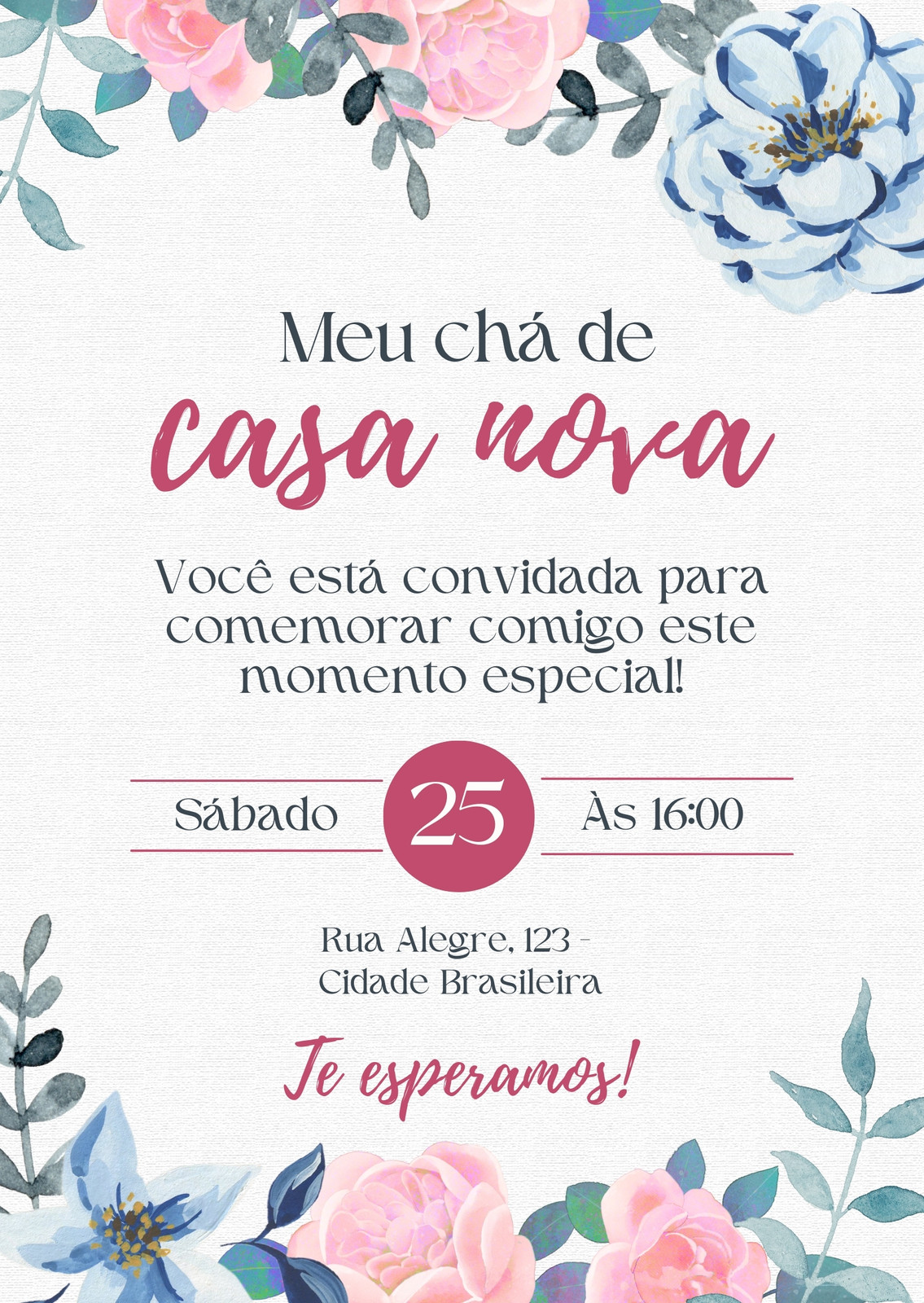 Convite chá de casa nova floral azul marinho vermelho escuro branco