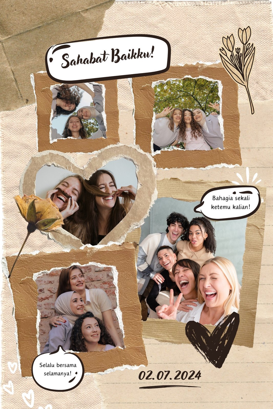 Krem dan Cokelat Modern Sobekan Kertas Kolase Foto Bersama Sahabat