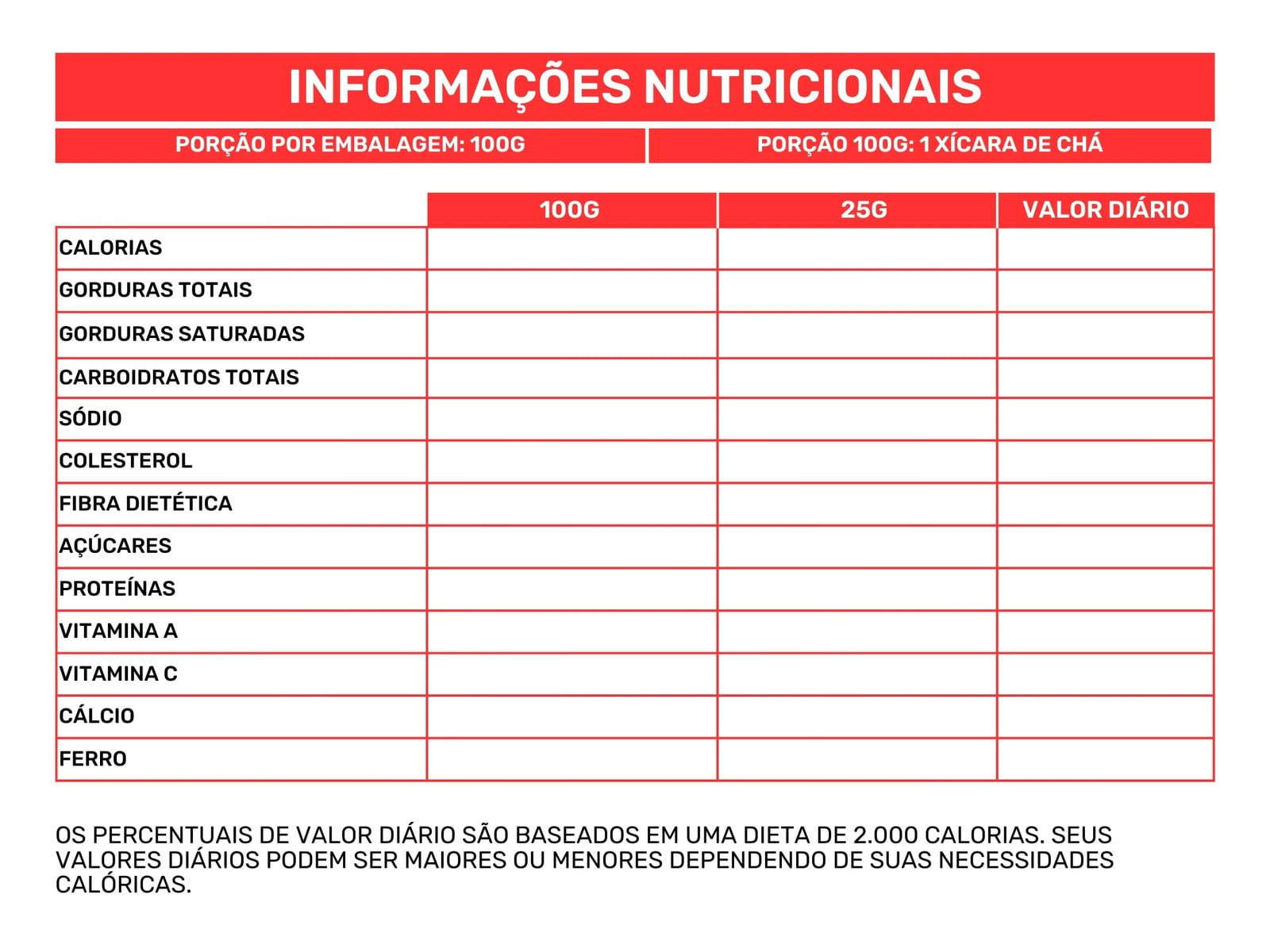 Gráfico tabela nutricional simples branco e vermelho