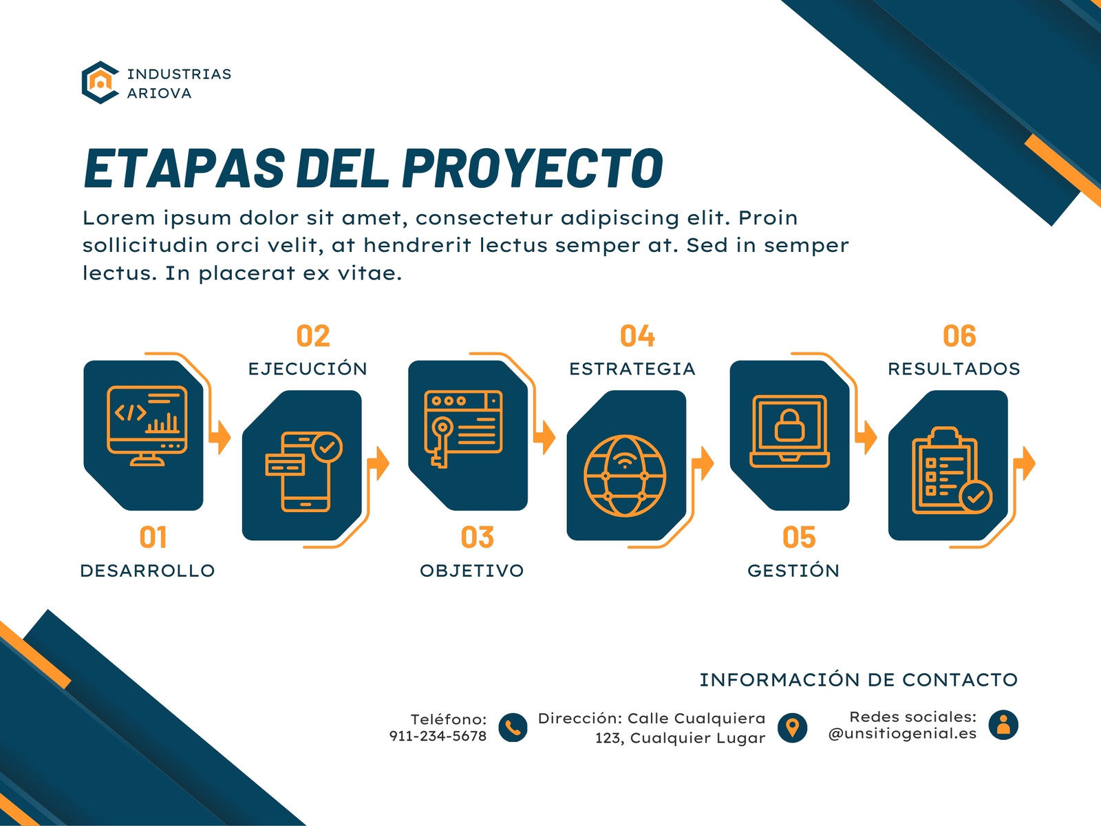 Grafico etapas del proyecto geometrico corporativo azul y blanco