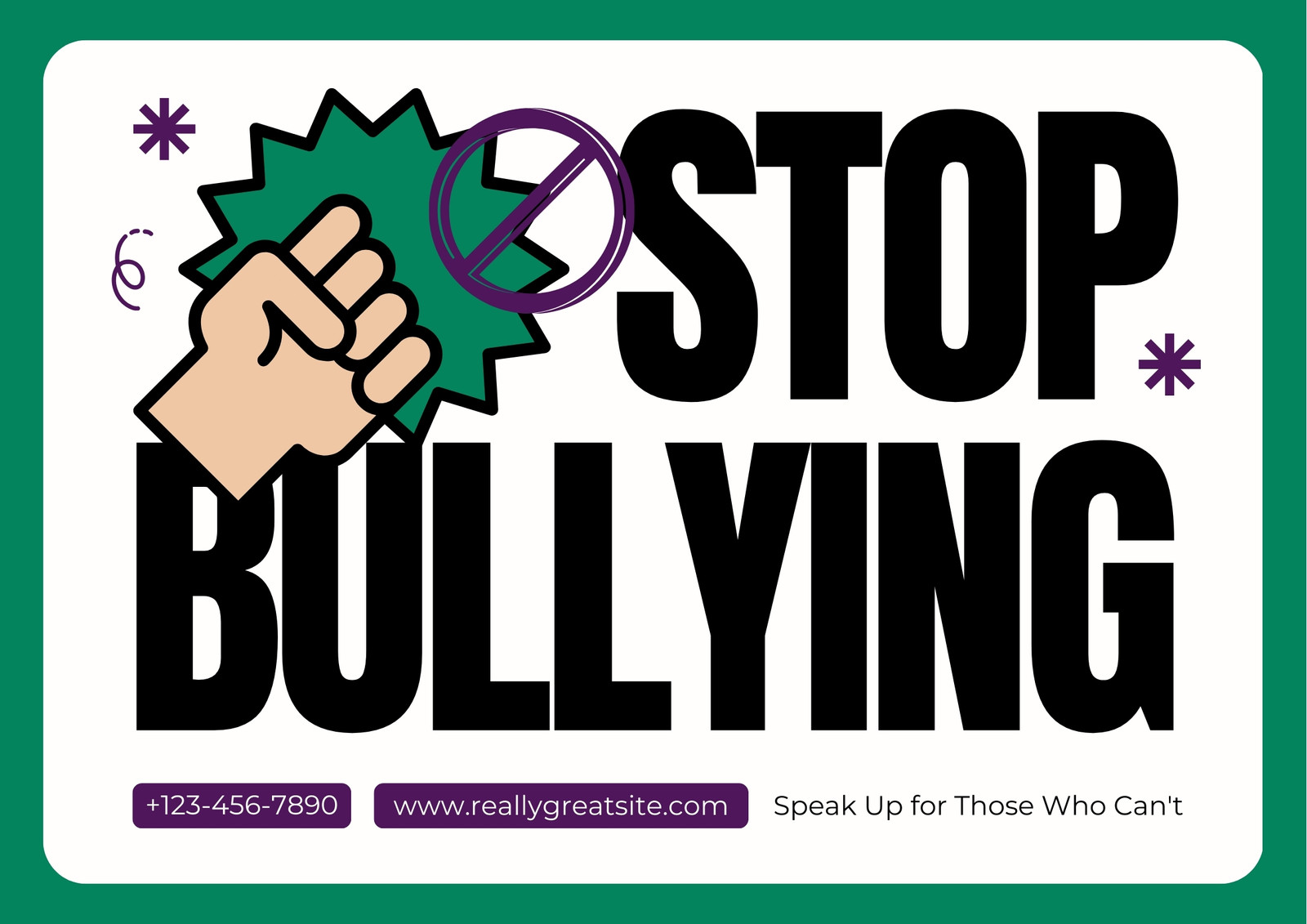 Green and Purple Illustrated Stop Bullying Poster