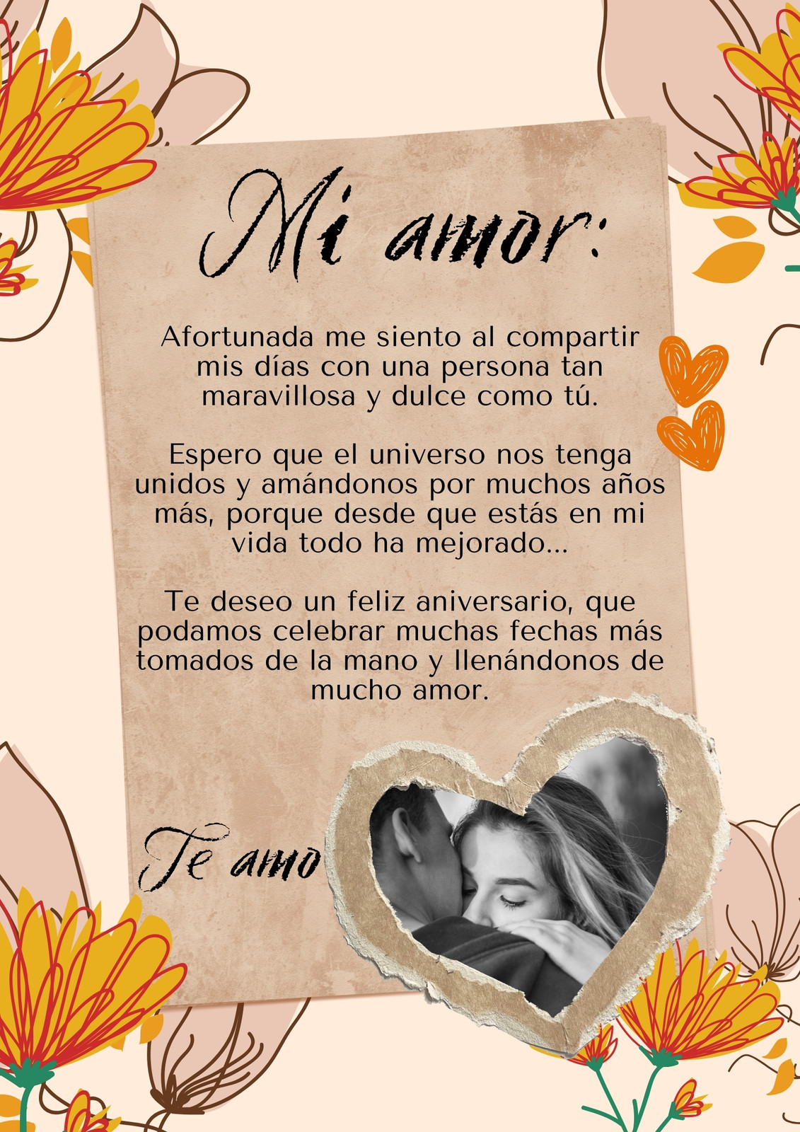 Documento A4 Carta de Amor para San Valentín Recortes Collage Flores Naranja