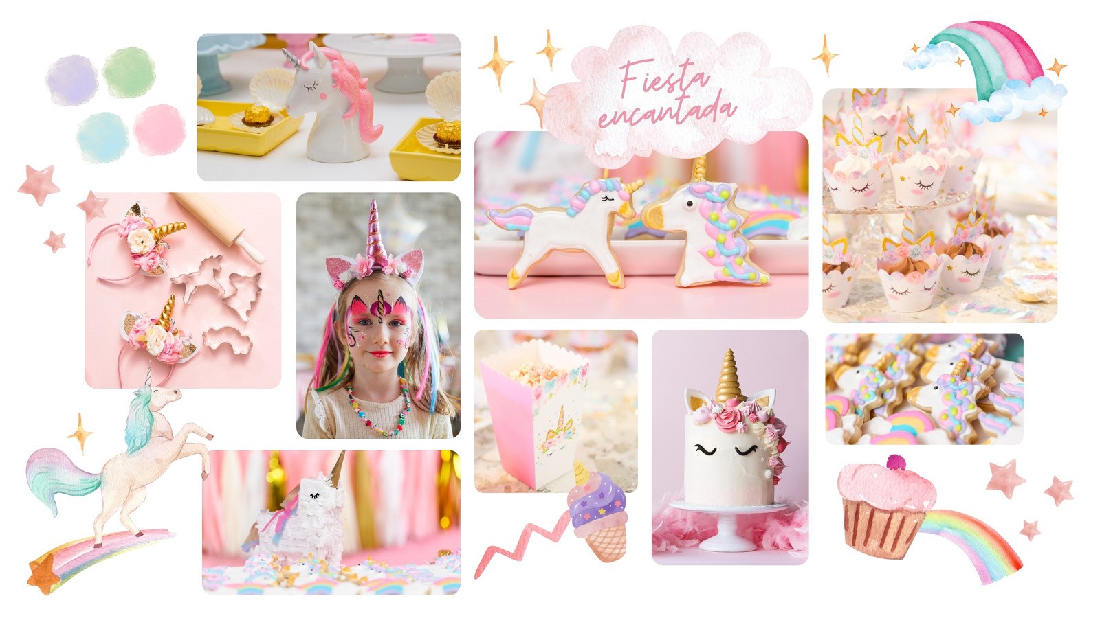 Pizarrón virtual sobre moodboard para fiesta encantada bonita en rosa