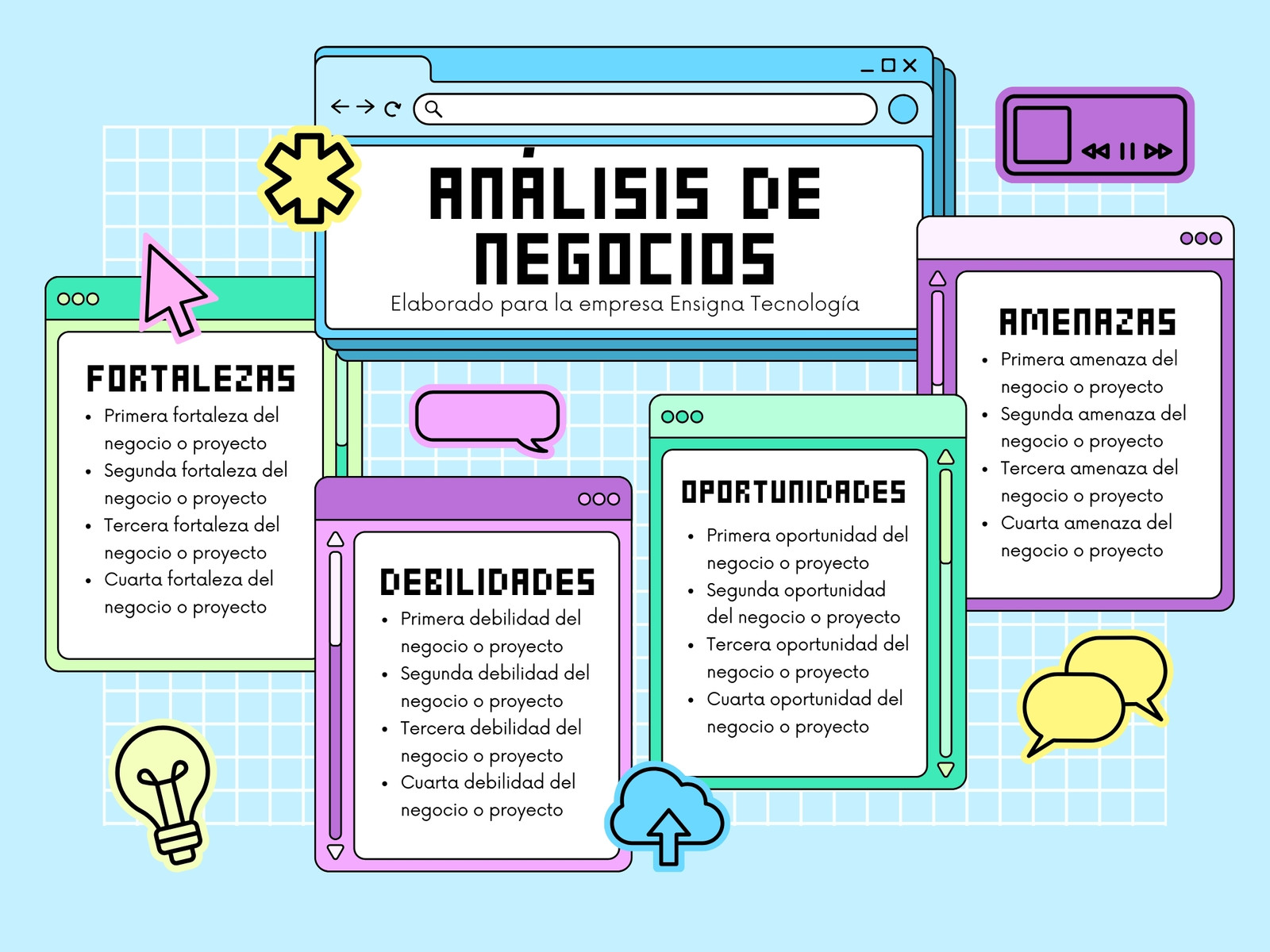 Gráfico análisis FODA negocios tecnológico retro azul