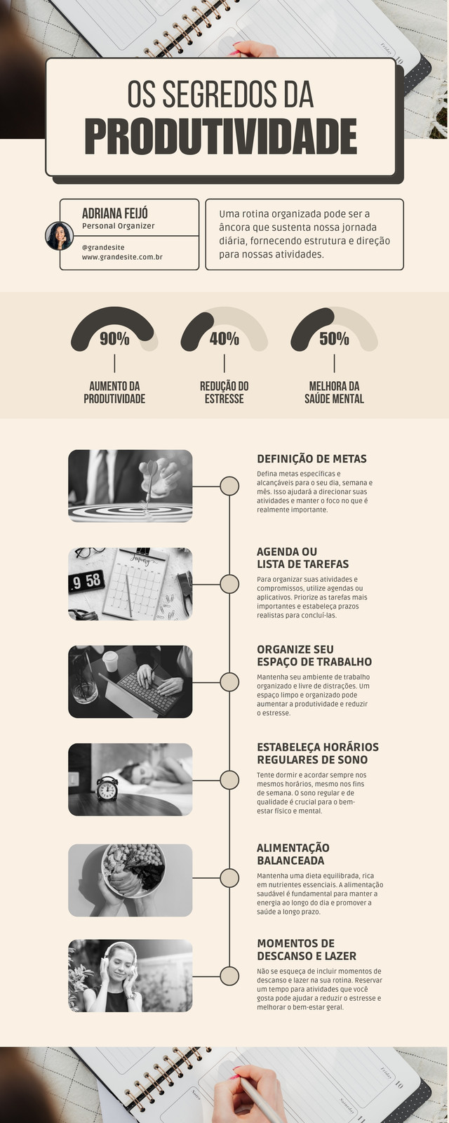 Infográfico minimalista produtividade neutro bege e preto