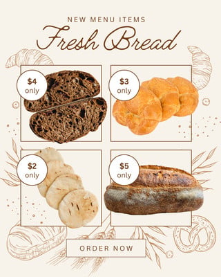 Elegant Rustic Bakery Bread Menu Sale Food Instagram Post Canva template, beige and brown