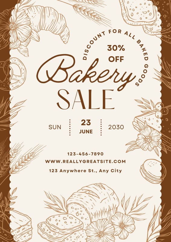 Vintage Elegant Bakery Sale Flyer Canva template, brown and beige