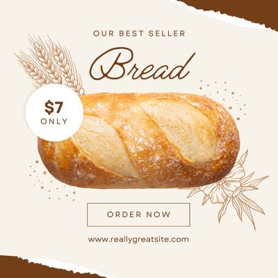 Bakery Bread Sale Food Instagram Post Canva template, brown and cream