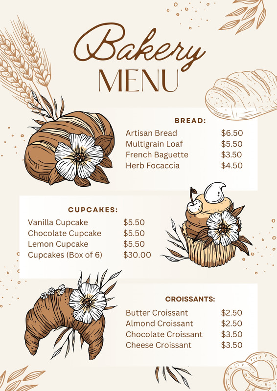 Vintage Rustic Bakery Bread Dessert Menu Canva template, brown and beige