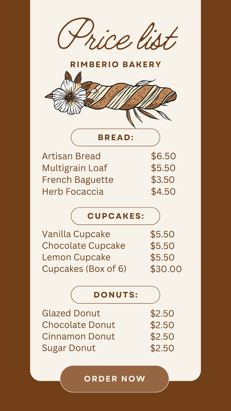 Elegant Bakery Bread Pastries Price List Instagram Story Canva template, brown