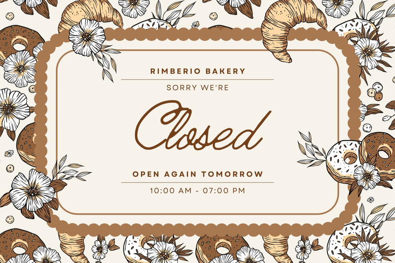Vintage Floral Bakery Shop Closed Corflute Sign Canva template, brown and beige