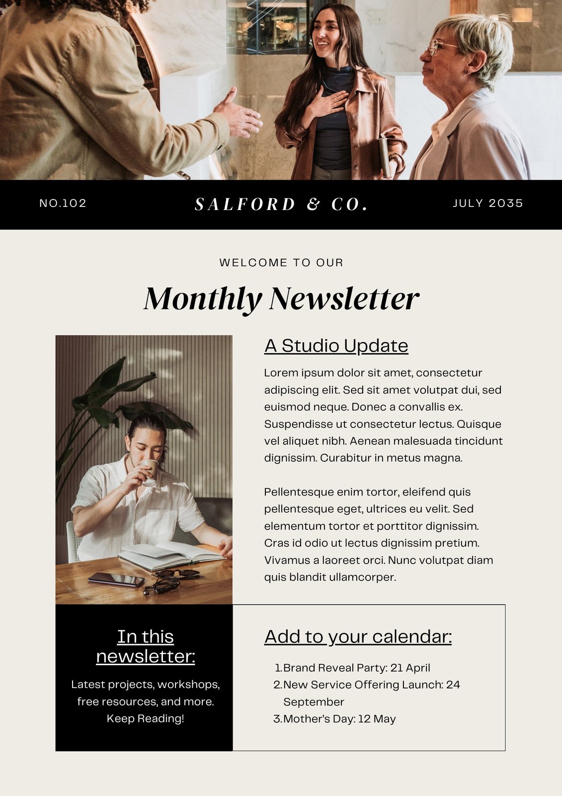 Black And Beige Aesthetic Professional Marketing Company Newsletter A4